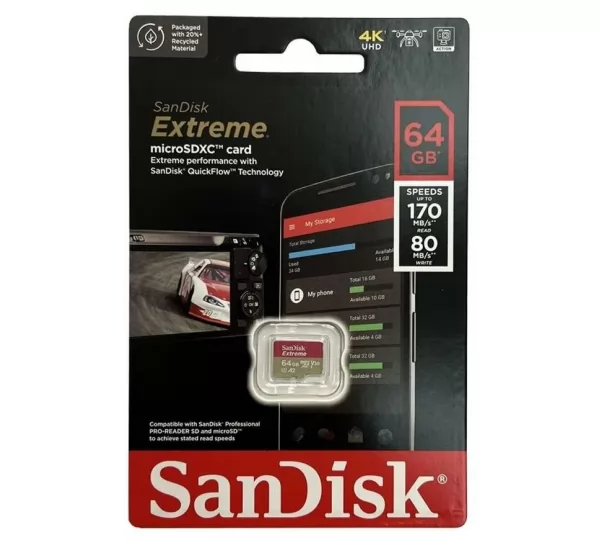 Карта памяти microSD 64GB SanDisk Extreme (SDSQXAH-064G-GN6GN)