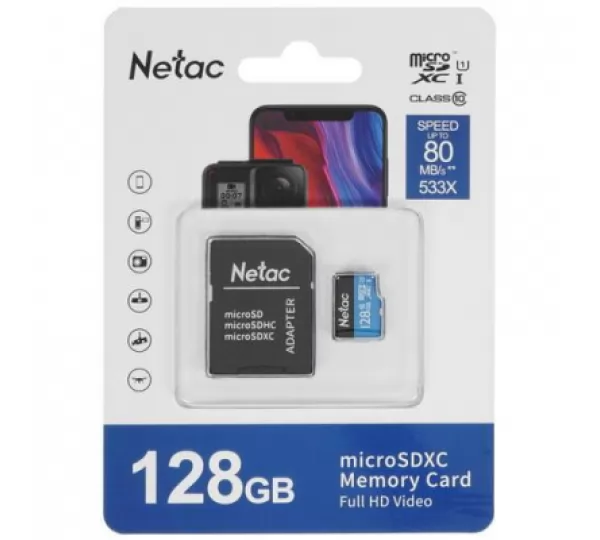 Карта памяти microSDHC 128GB Netac Class 10 UHS-I 80MB/s + ADP (NT02P500STN-128G-R)