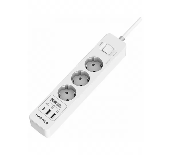 Сетевой фильтр HARPER UCH-430 White PD3.0 (3м, 3 розетки, 2 USB, 1 Type-C)